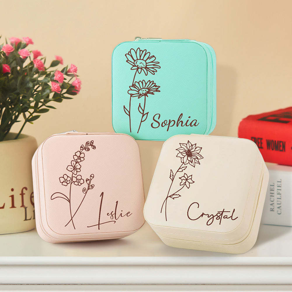 Personalized Birth Flower Jewelry Box Custom Leather Jewelry Organizer Storage Gift for Her - soufeelus