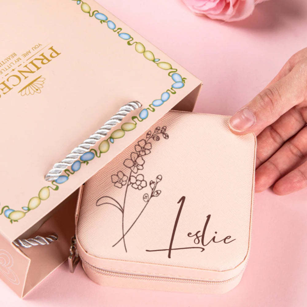 Personalized Birth Flower Jewelry Box Custom Leather Jewelry Organizer Storage Gift for Her - soufeelus