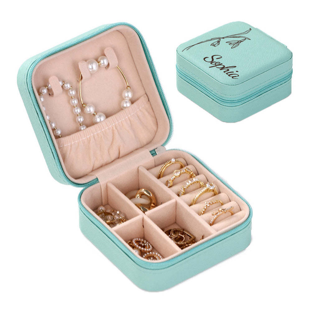 Personalized Birth Flower Jewelry Box Custom Leather Jewelry Organizer Storage Gift for Her - soufeelus
