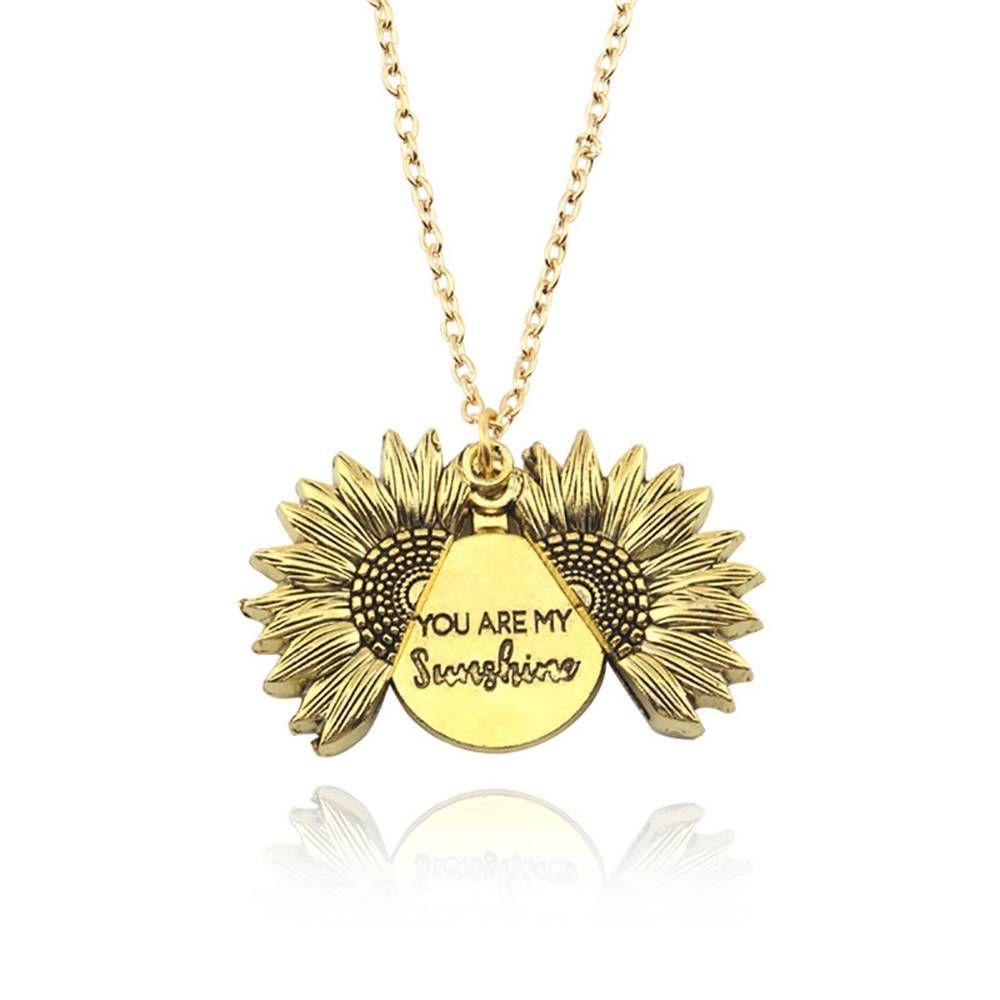 Sunflower Necklace, Double Layer Lettering Vintage Gold  - You are my Sunshine - soufeelus
