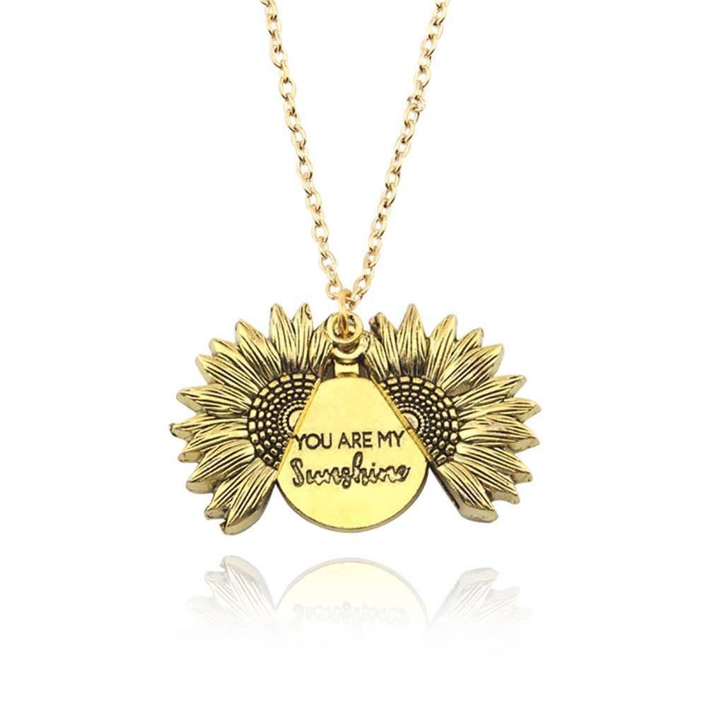 Sunflower Necklace, Double Layer Lettering Vintage Gold - You are my Sunshine - soufeelus