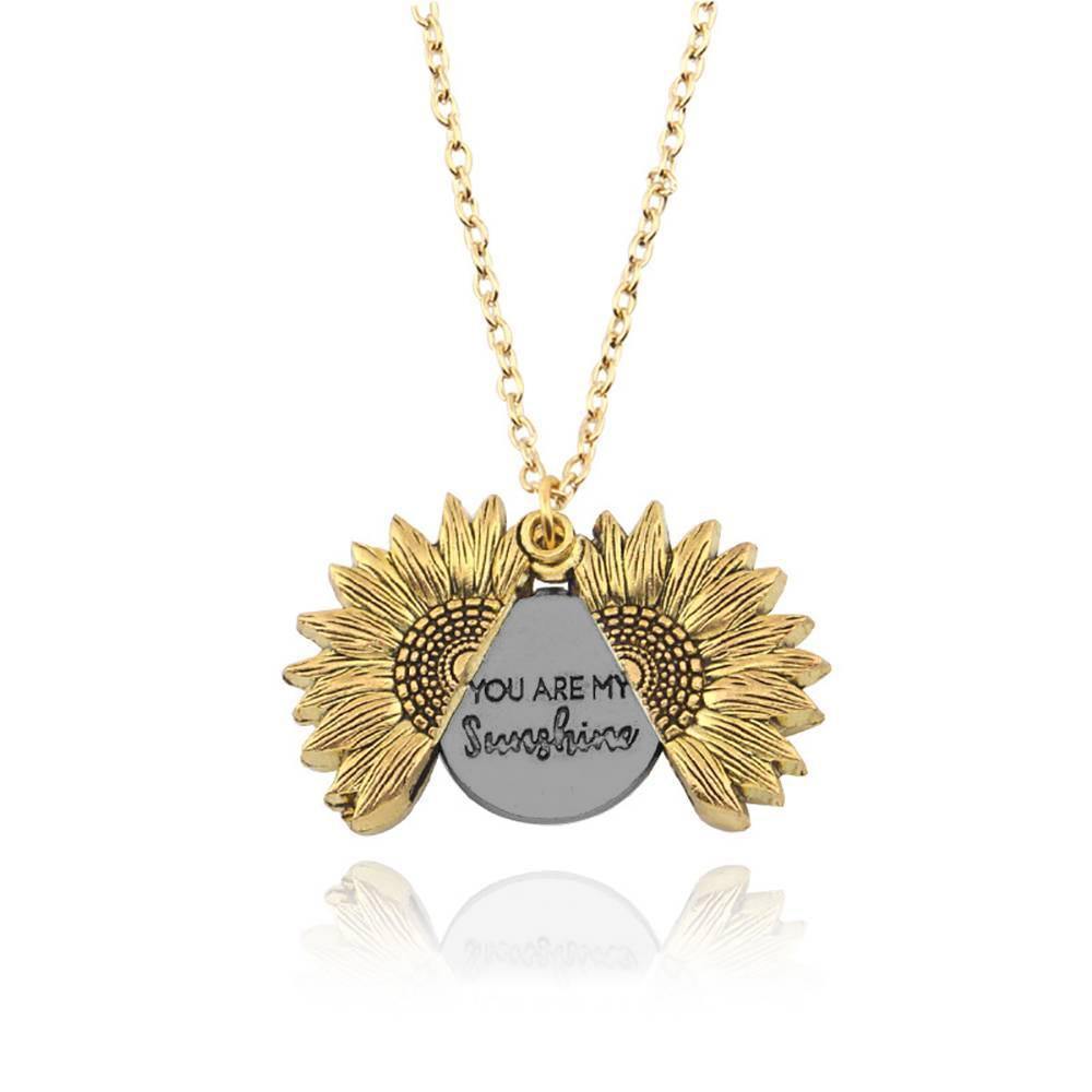 Sunflower Necklace, Double Layer Lettering Vintage Gold and Silver - You are my Sunshine - soufeelus