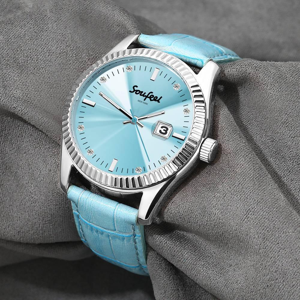 Soufeel Women's Soufeel Crystal Watch Light Blue Leather Strap 38.5mm - soufeelus