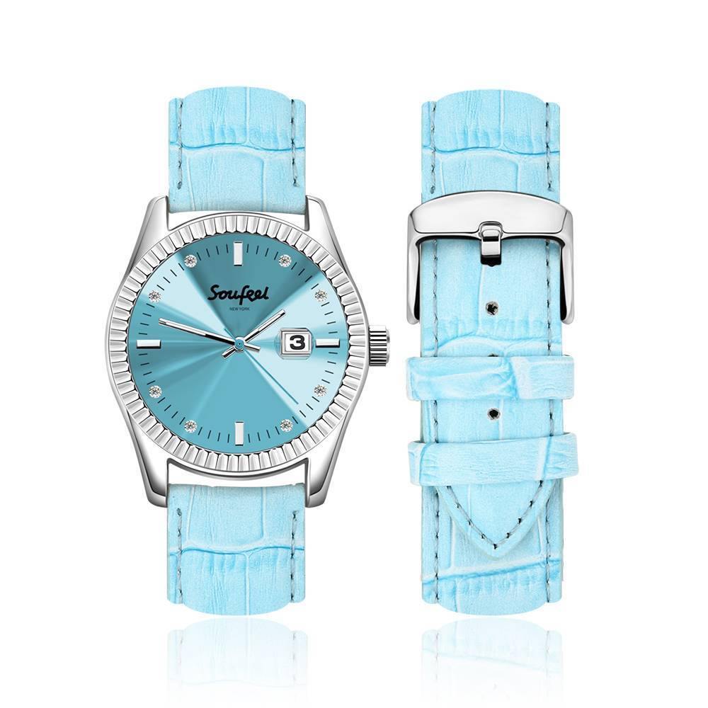 Soufeel Women's Soufeel Crystal Watch Light Blue Leather Strap 38.5mm - soufeelus