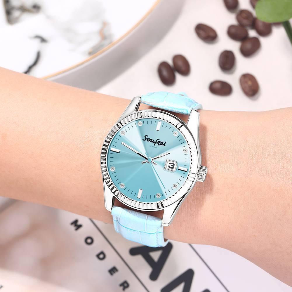 Soufeel Women's Soufeel Crystal Watch Light Blue Leather Strap 38.5mm - soufeelus