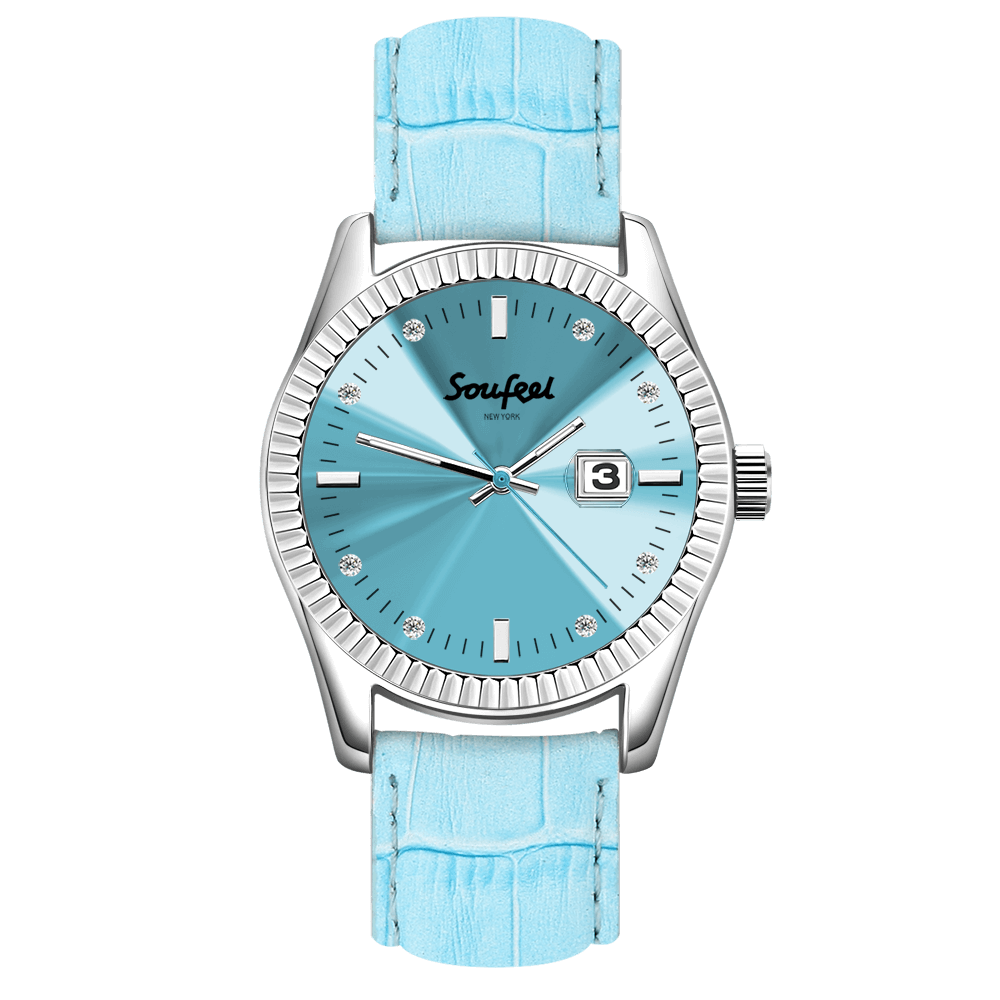 Soufeel Women's Soufeel Crystal Watch Light Blue Leather Strap 38.5mm - soufeelus