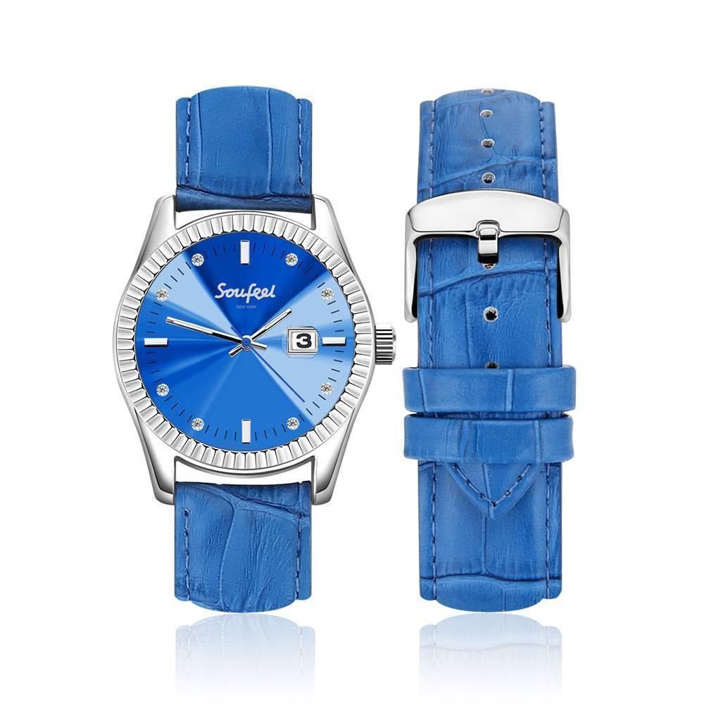 Soufeel Women's Soufeel Crystal Watch Blue Leather Strap 38.5mm - soufeelus