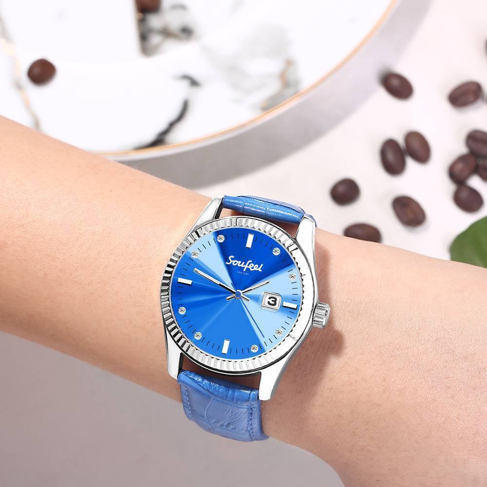 Soufeel Women's Soufeel Crystal Watch Blue Leather Strap 38.5mm - soufeelus