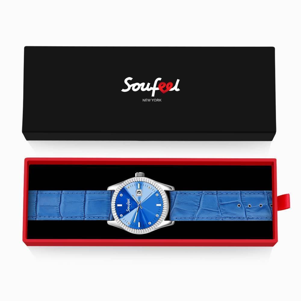 Soufeel Women's Soufeel Crystal Watch Blue Leather Strap 38.5mm - soufeelus
