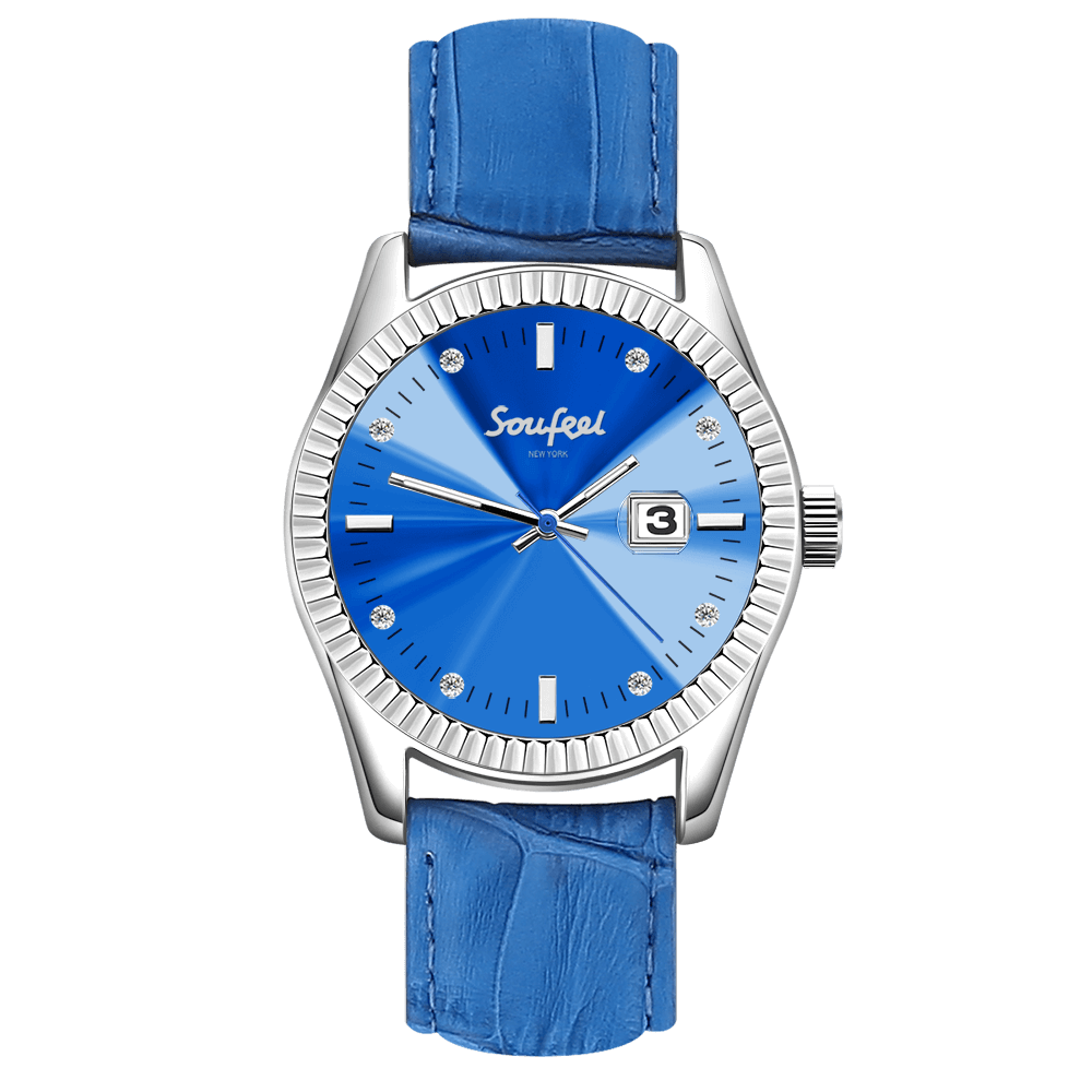 Soufeel Women's Soufeel Crystal Watch Blue Leather Strap 38.5mm - soufeelus