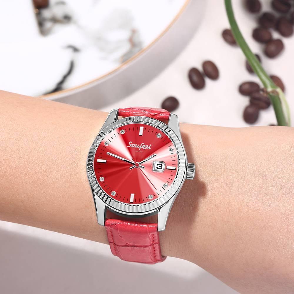 Soufeel Women's Soufeel Crystal Watch Red Leather Strap 38.5mm - soufeelus