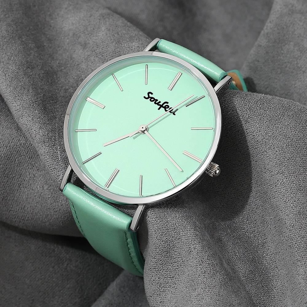 Soufeel Unisex Classic Watch Light Green Leather Strap 40mm - soufeelus