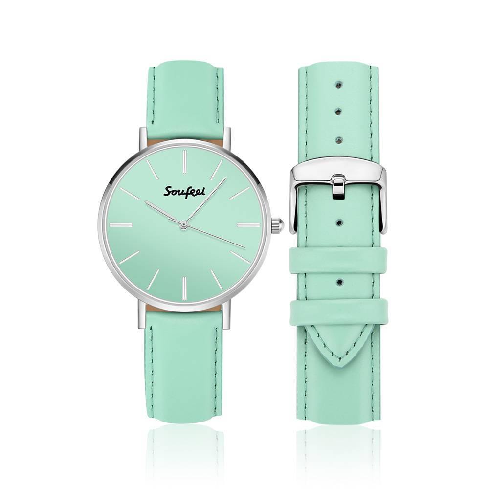 Soufeel Unisex Classic Watch Light Green Leather Strap 40mm - soufeelus