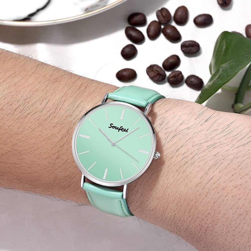 Soufeel Unisex Classic Watch Light Green Leather Strap 40mm - soufeelus