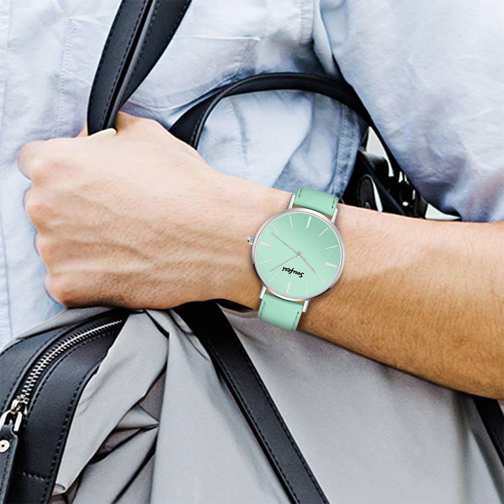 Soufeel Unisex Classic Watch Light Green Leather Strap 40mm - soufeelus