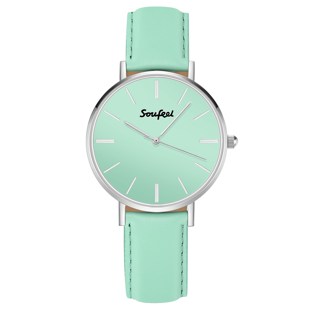 Soufeel Unisex Classic Watch Light Green Leather Strap 40mm - soufeelus