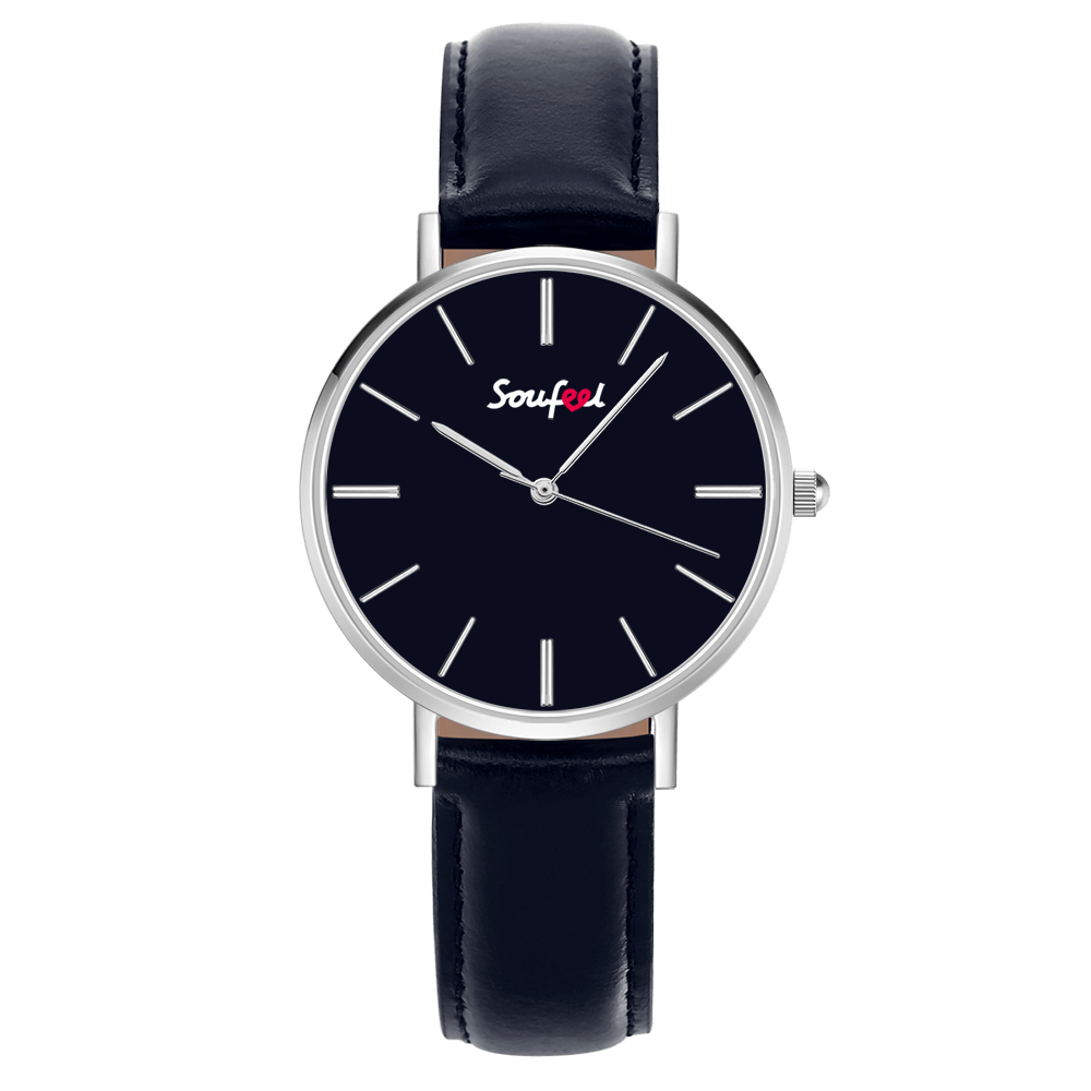 Soufeel Unisex Classic Watch Dark Blue Leather Strap 40mm - soufeelus