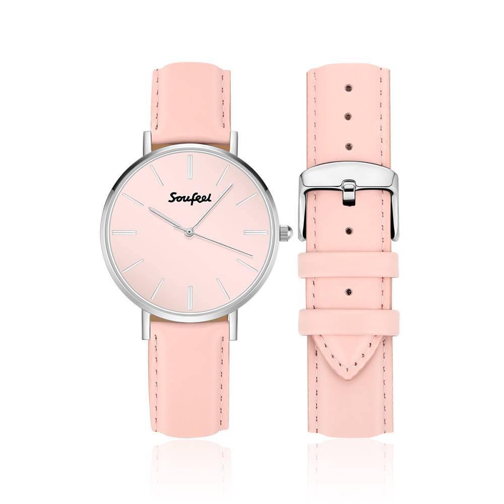 Soufeel Women's Classic Watch Pink Leather Strap 40mm - soufeelus