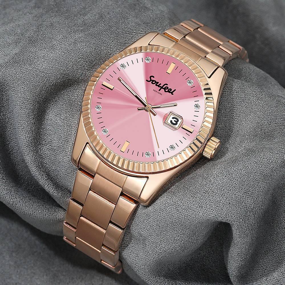 Soufeel Men's Stainless Steel Bracelet Watch Pink Dial 38.5mm - soufeelus