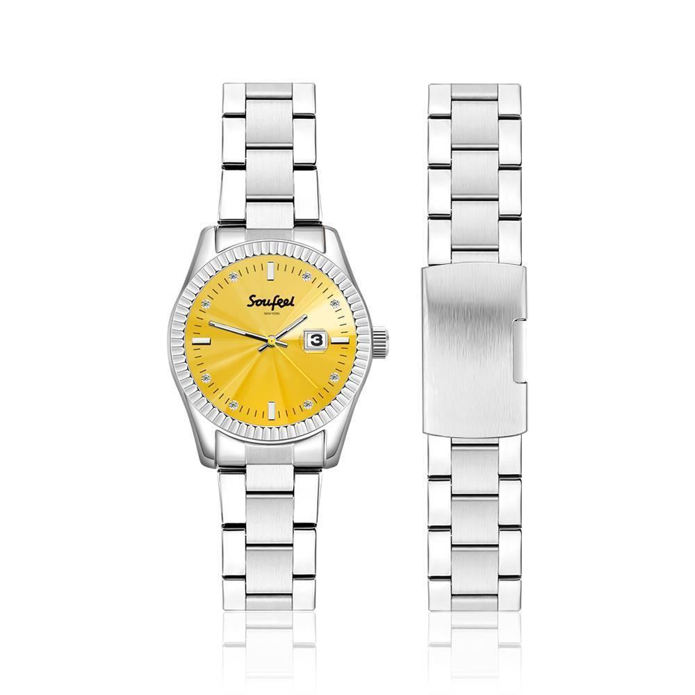 Soufeel Men's Stainless Steel Bracelet Watch Yellow Dial 38.5mm - soufeelus