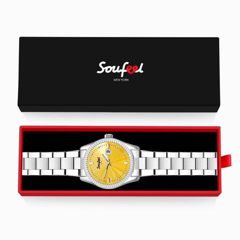 Soufeel Men's Stainless Steel Bracelet Watch Yellow Dial 38.5mm - soufeelus