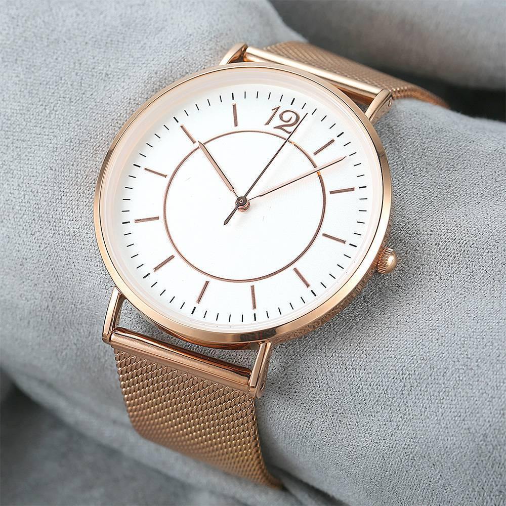 Mesh Bracelet Watch in Stainless Steel Rose Gold Strap and White Dial - Women's - soufeelus