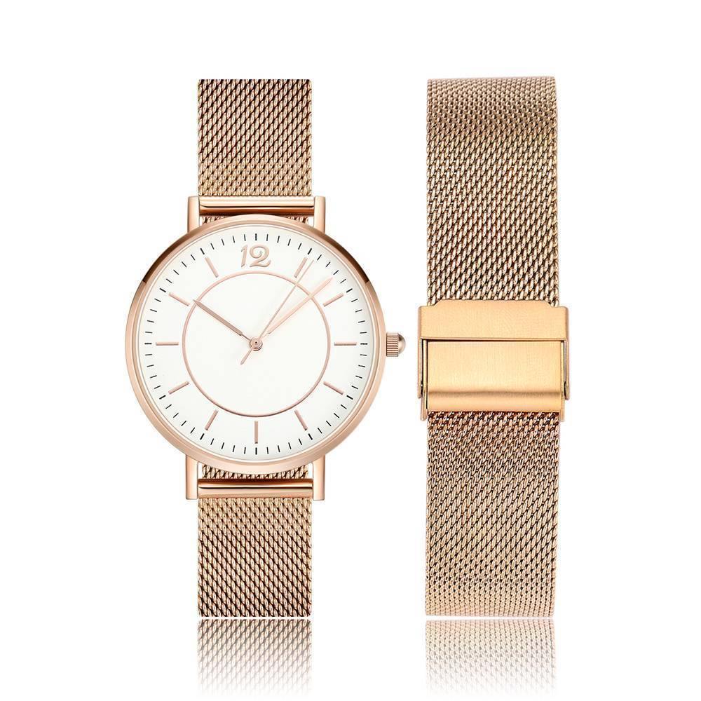 Mesh Bracelet Watch in Stainless Steel Rose Gold Strap and White Dial - Women's - soufeelus