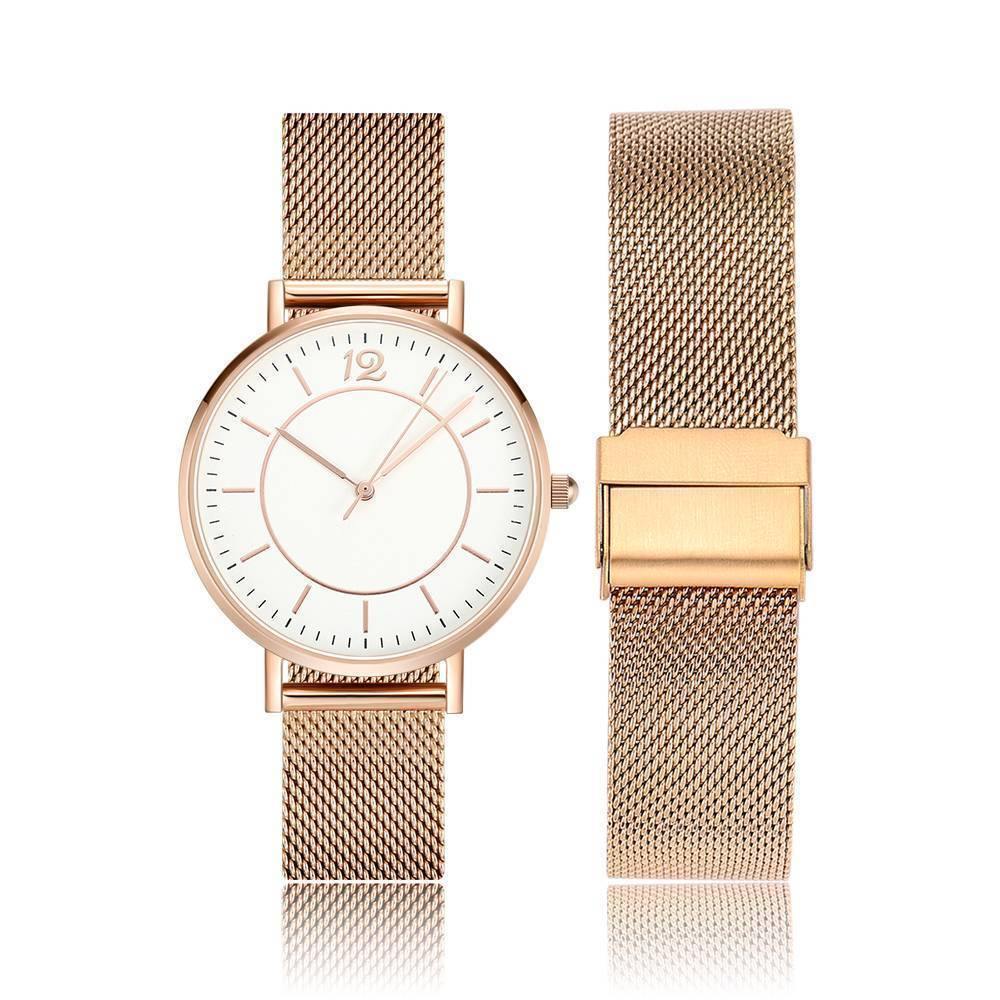 Mesh Bracelet Watch in Stainless Steel Rose Gold Strap and White Dial - Men's - soufeelus