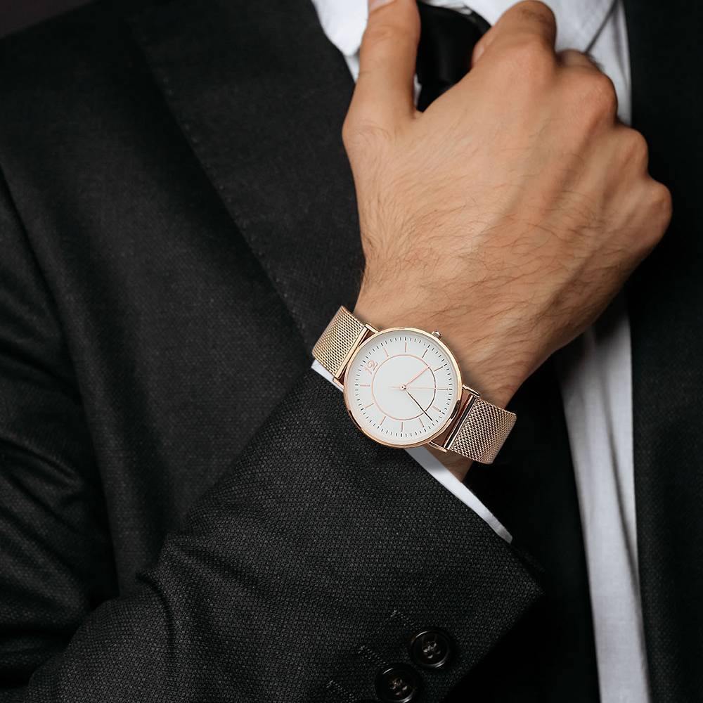 Mesh Bracelet Watch in Stainless Steel Rose Gold Strap and White Dial - Men's - soufeelus