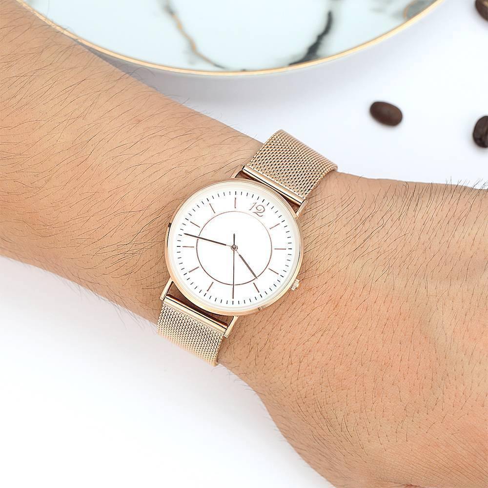 Mesh Bracelet Watch in Stainless Steel Rose Gold Strap and White Dial - Men's - soufeelus