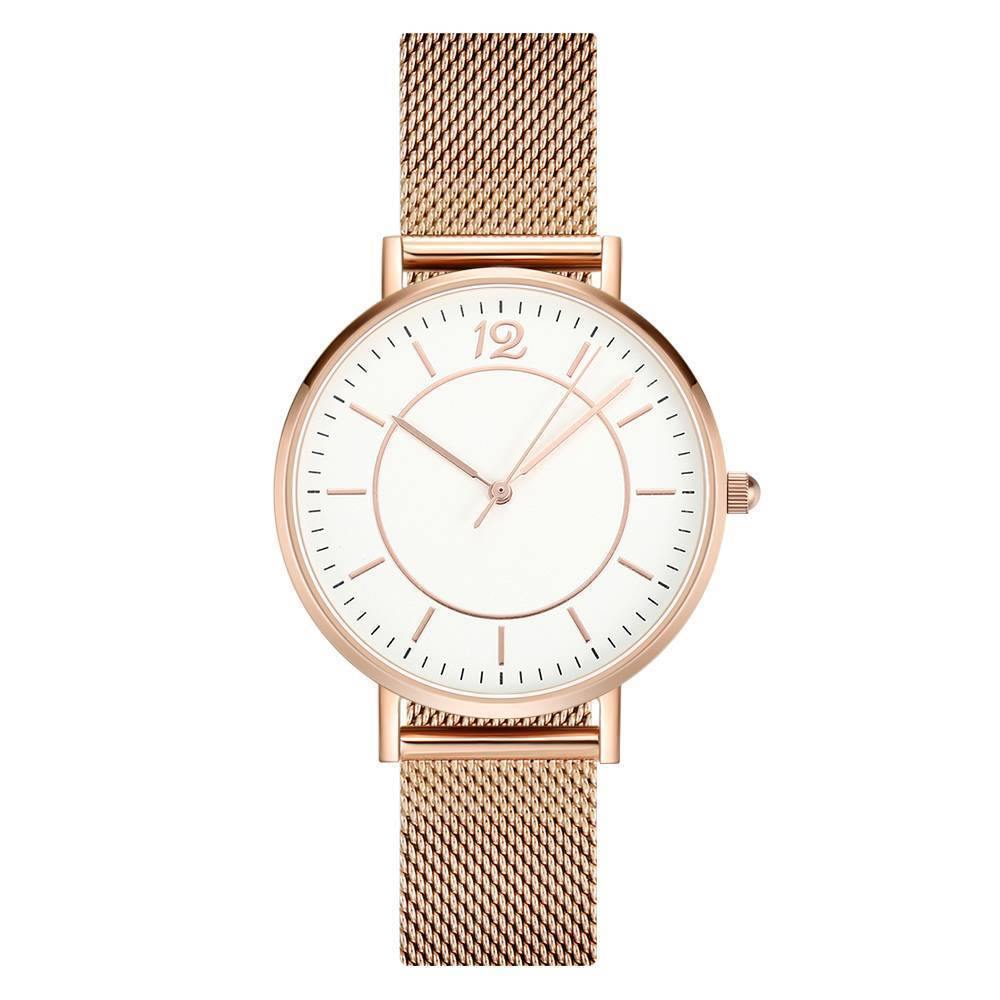 Mesh Bracelet Watch in Stainless Steel Rose Gold Strap and White Dial - Men's - soufeelus