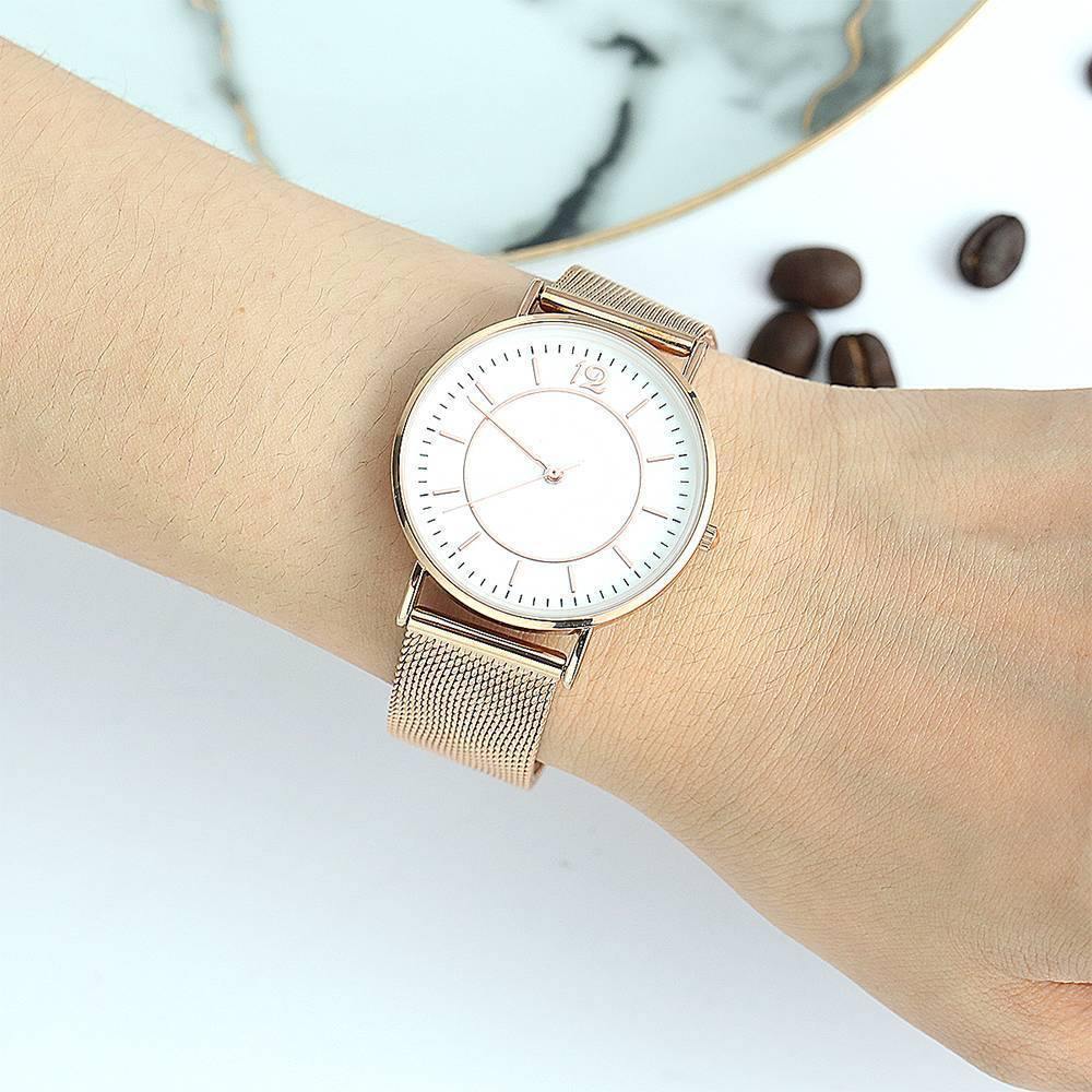 Mesh Bracelet Watch in Stainless Steel Rose Gold Strap and White Dial - Women's - soufeelus