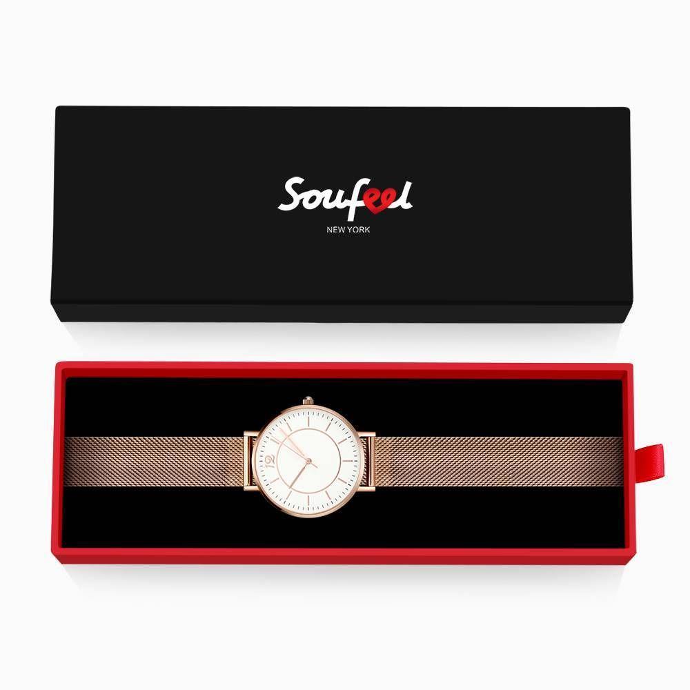 Mesh Bracelet Watch in Stainless Steel Rose Gold Strap and White Dial - Women's - soufeelus