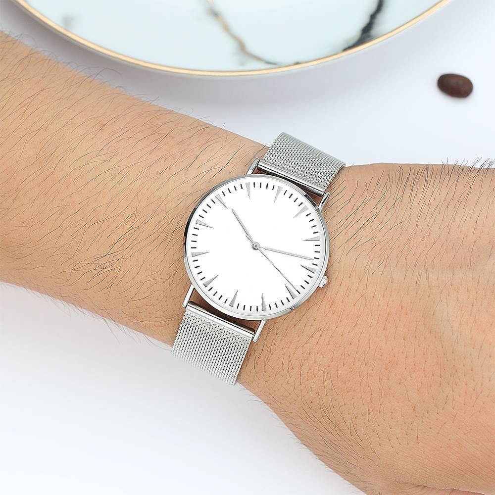 Mesh Bracelet Watch in Stainless Steel Silver Strap and White Dial - Men's - soufeelus