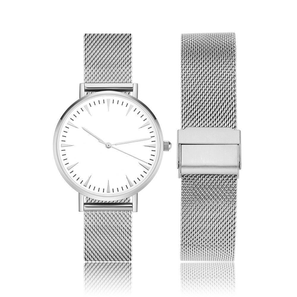 Mesh Bracelet Watch in Stainless Steel Silver Strap and White Dial - Women's - soufeelus