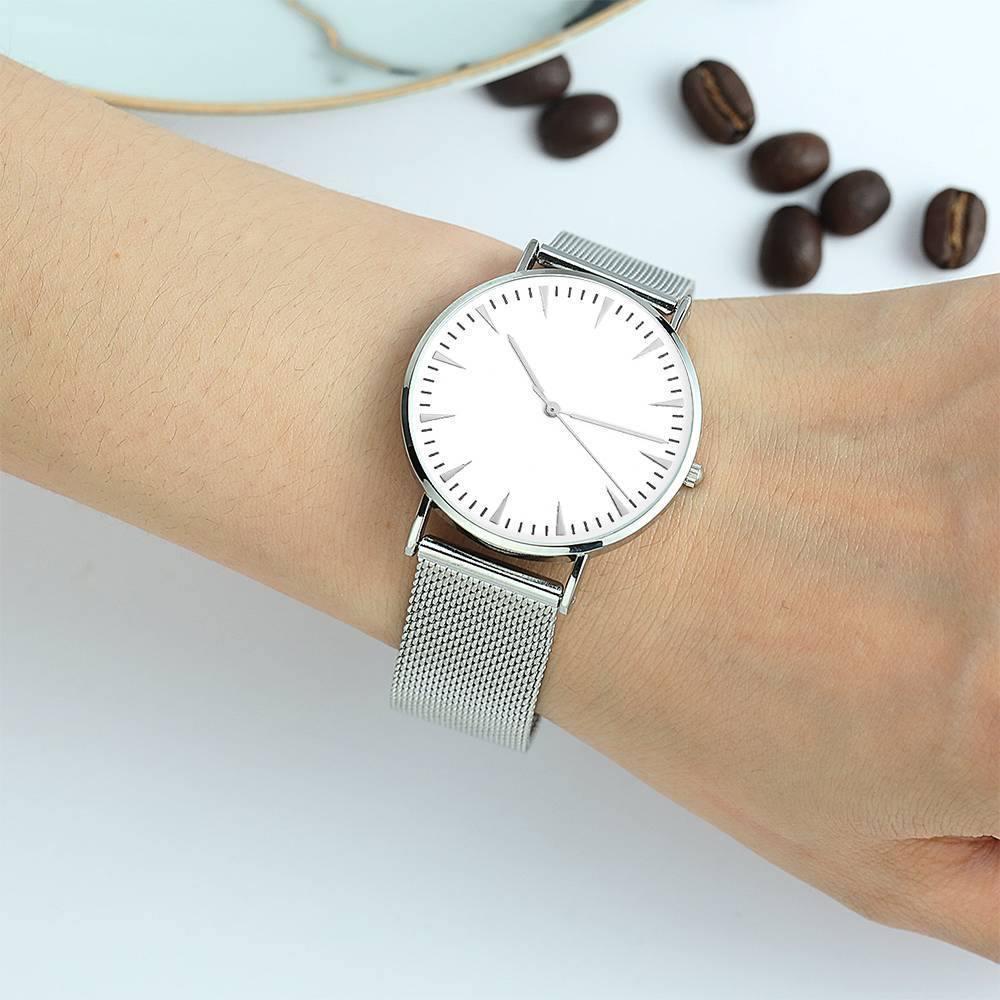 Mesh Bracelet Watch in Stainless Steel Silver Strap and White Dial - Women's - soufeelus