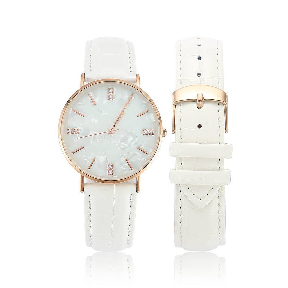 Fashion Marble Dial Watch White Leather Strap - Women's - soufeelus