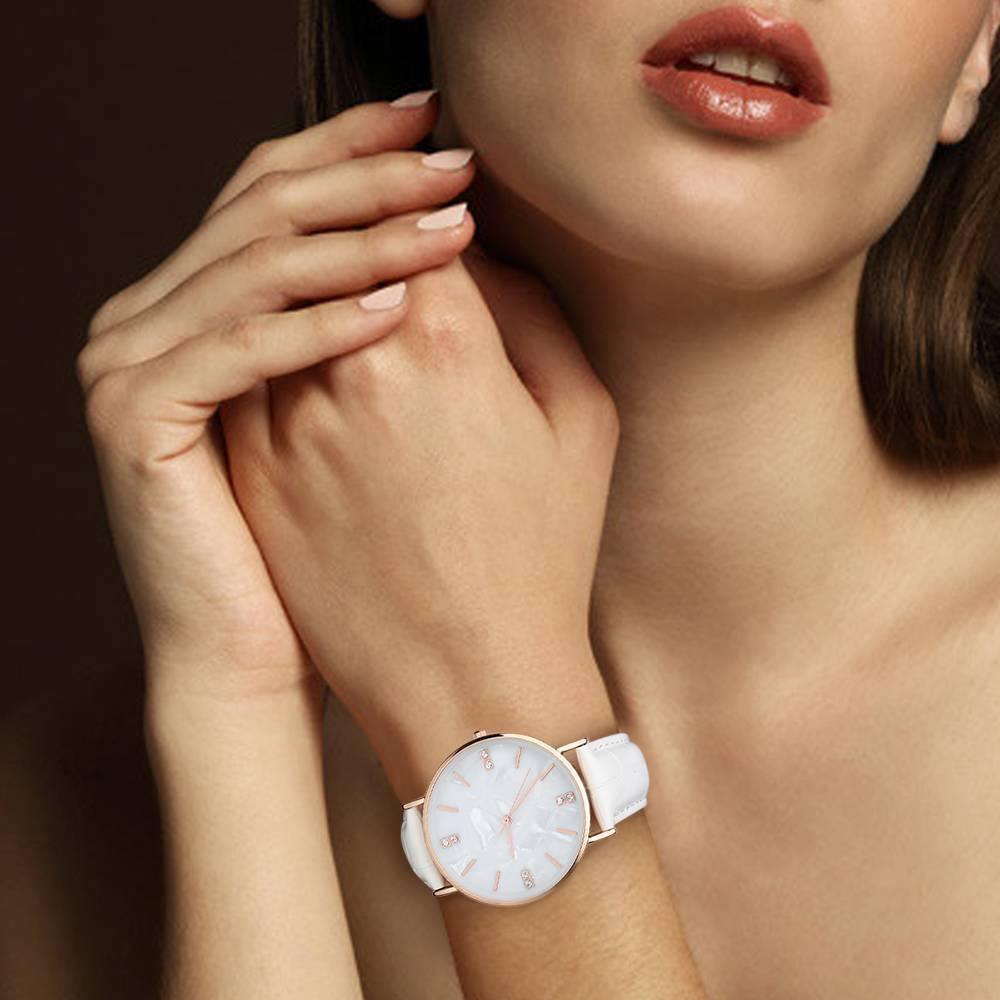 Fashion Marble Dial Watch White Leather Strap - Women's - soufeelus