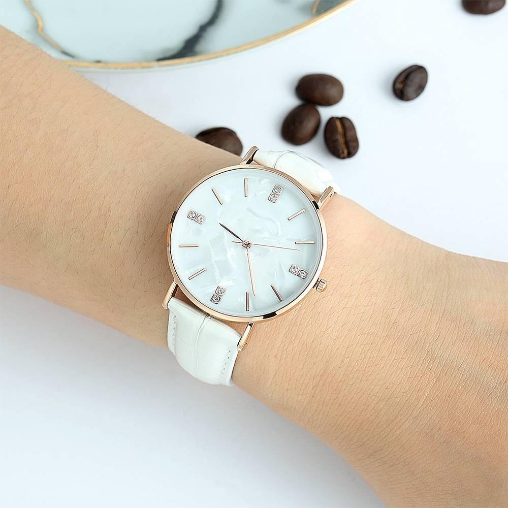 Fashion Marble Dial Watch White Leather Strap - Women's - soufeelus