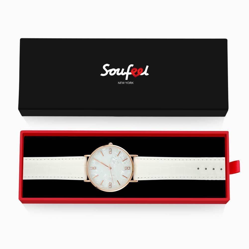 Fashion Marble Dial Watch White Leather Strap - Women's - soufeelus