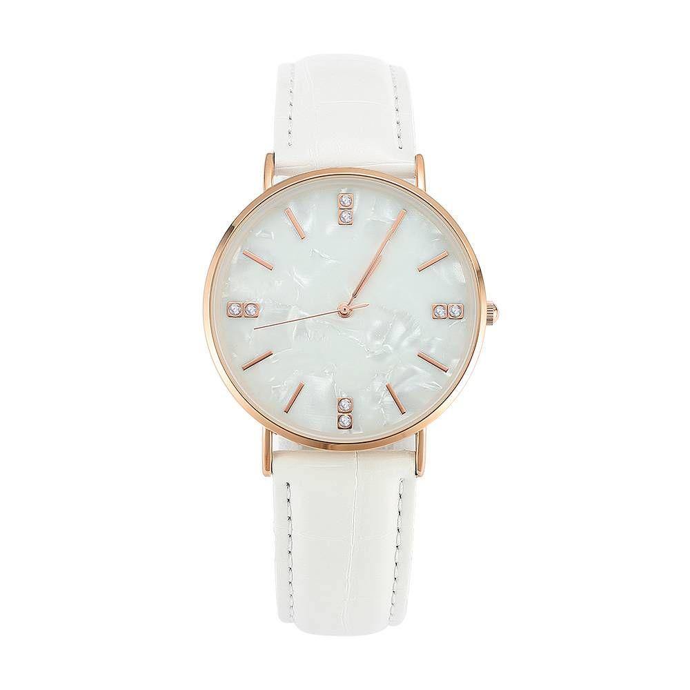 Fashion Marble Dial Watch White Leather Strap - Women's - soufeelus