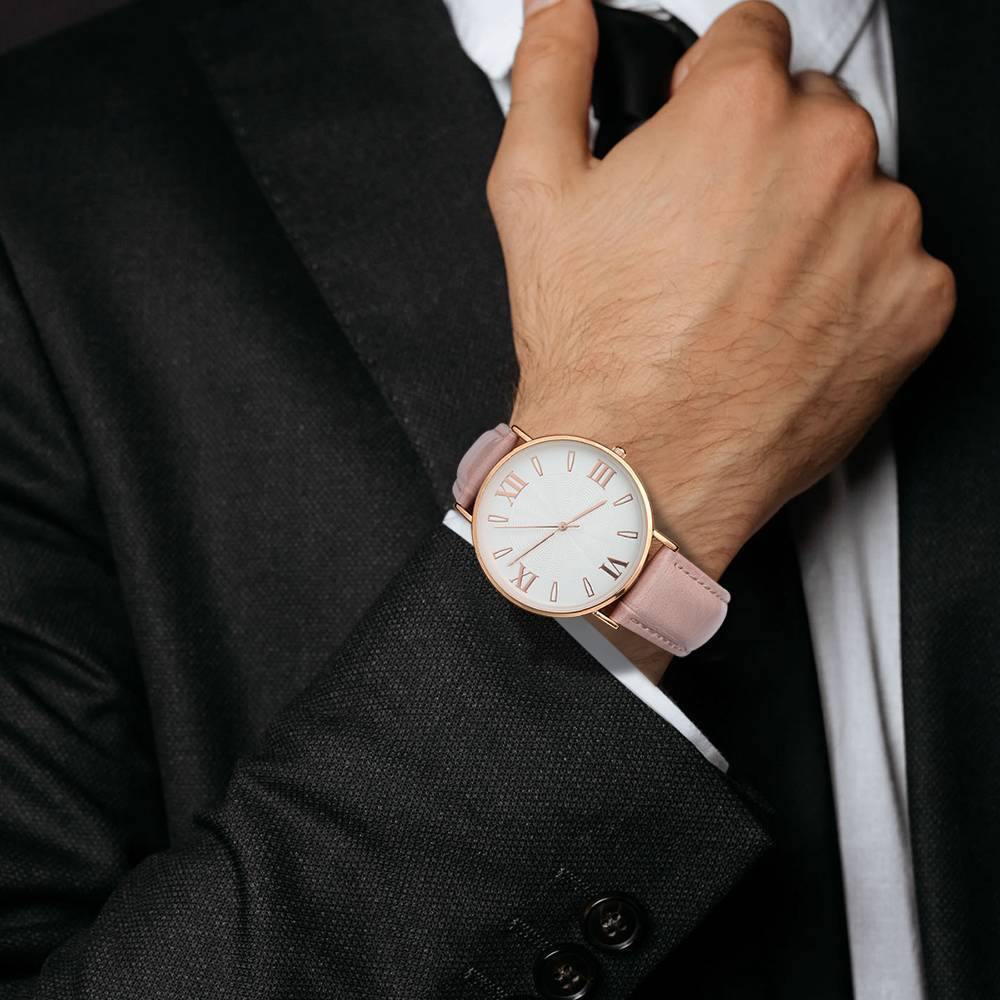 White Dial Watch Fashion Quartz Pink Leather Strap - Men's - soufeelus