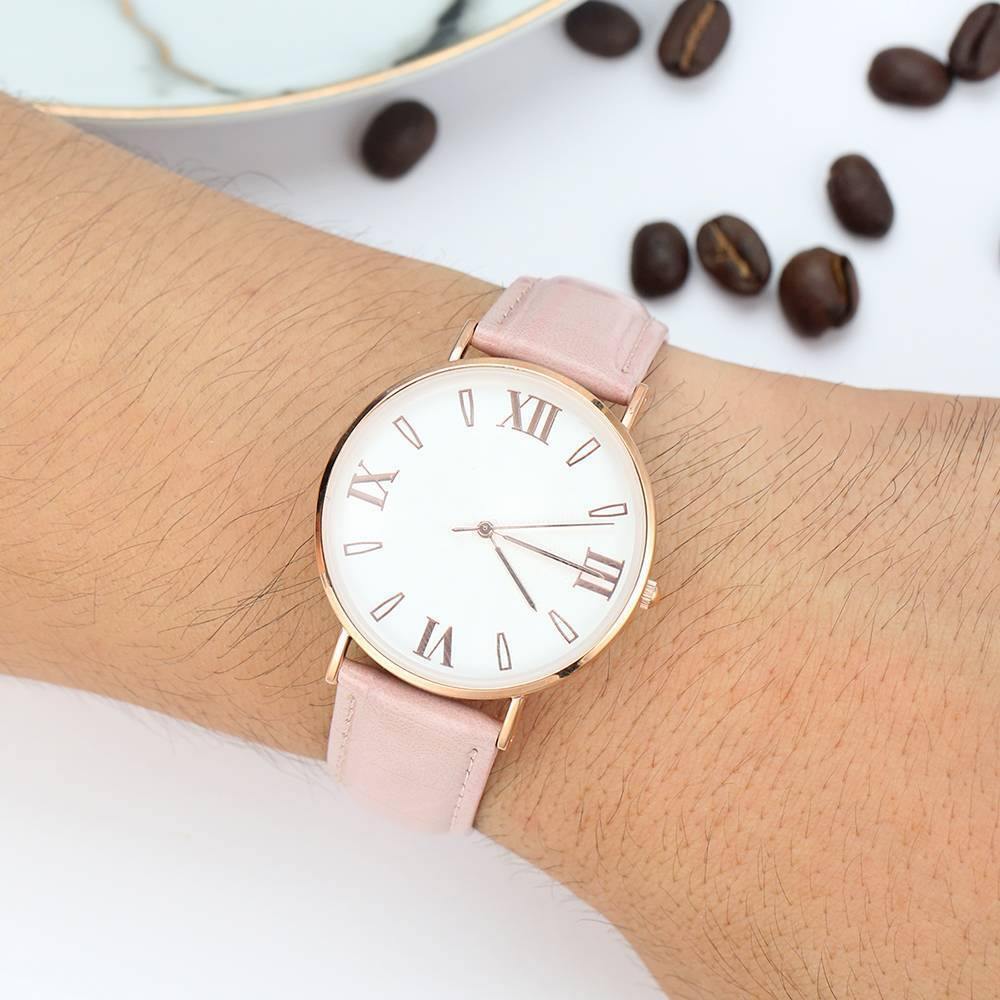 White Dial Watch Fashion Quartz Pink Leather Strap - Men's - soufeelus