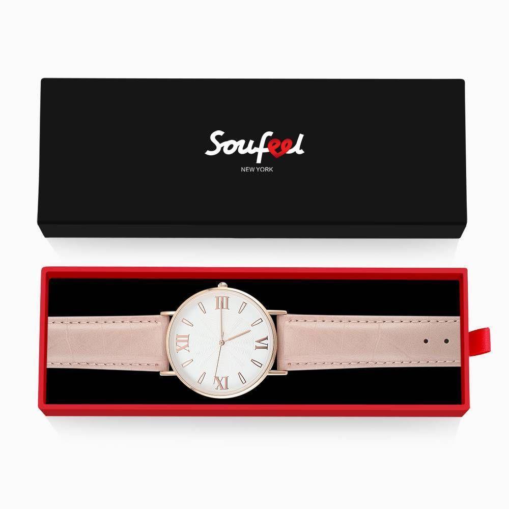 White Dial Watch Fashion Quartz Pink Leather Strap - Men's - soufeelus