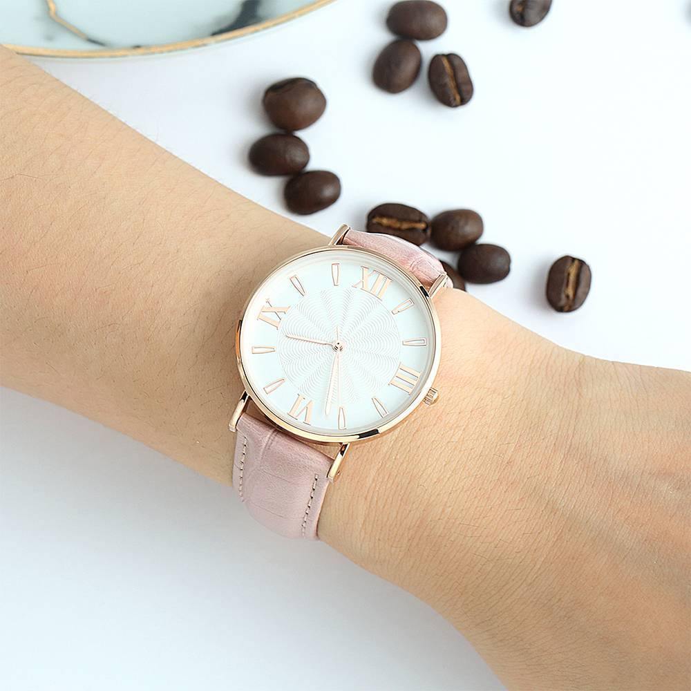 White Dial Watch Fashion Quartz Pink Leather Strap - Women's - soufeelus