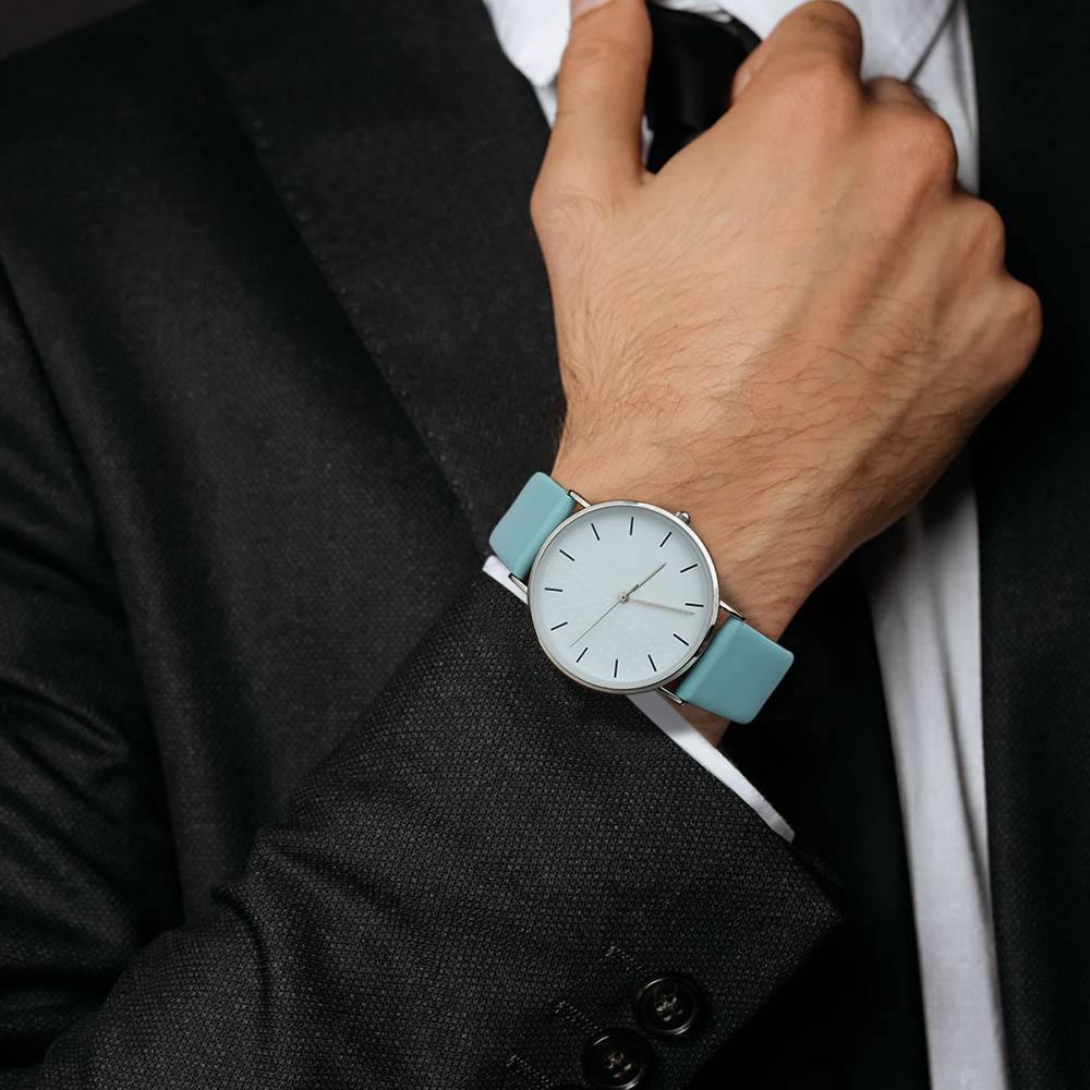 White Dial Watch Fashion Quartz Blue Leather Strap - Men's - soufeelus