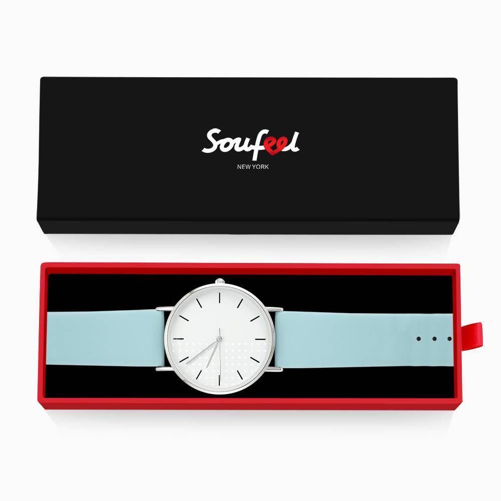 White Dial Watch Fashion Quartz Blue Leather Strap - Men's - soufeelus