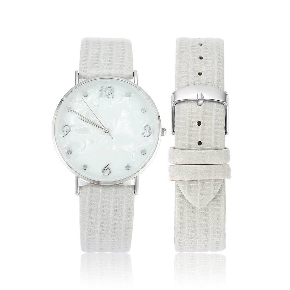 Casual Marble Dial Watch Grey Leather Strap - Women's - soufeelus
