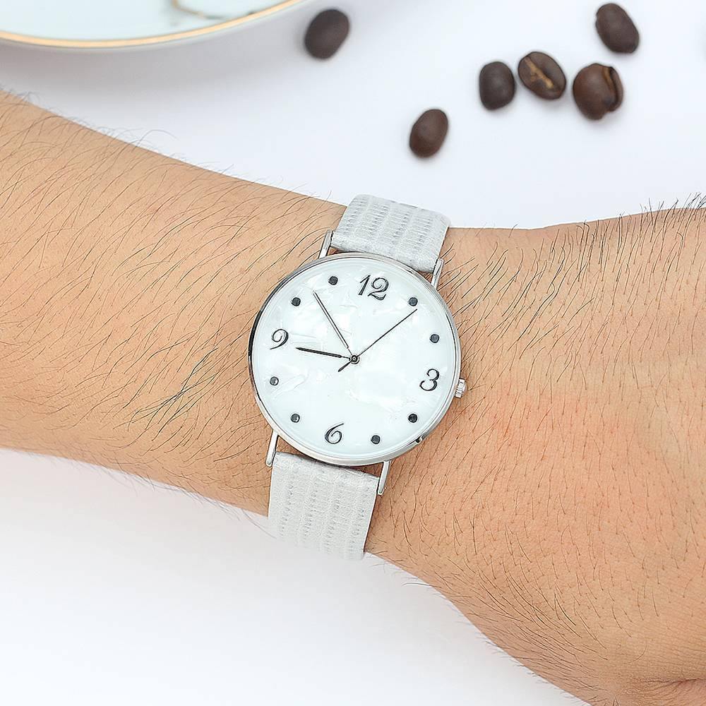 Casual Marble Dial Watch Grey Leather Strap - Men's - soufeelus