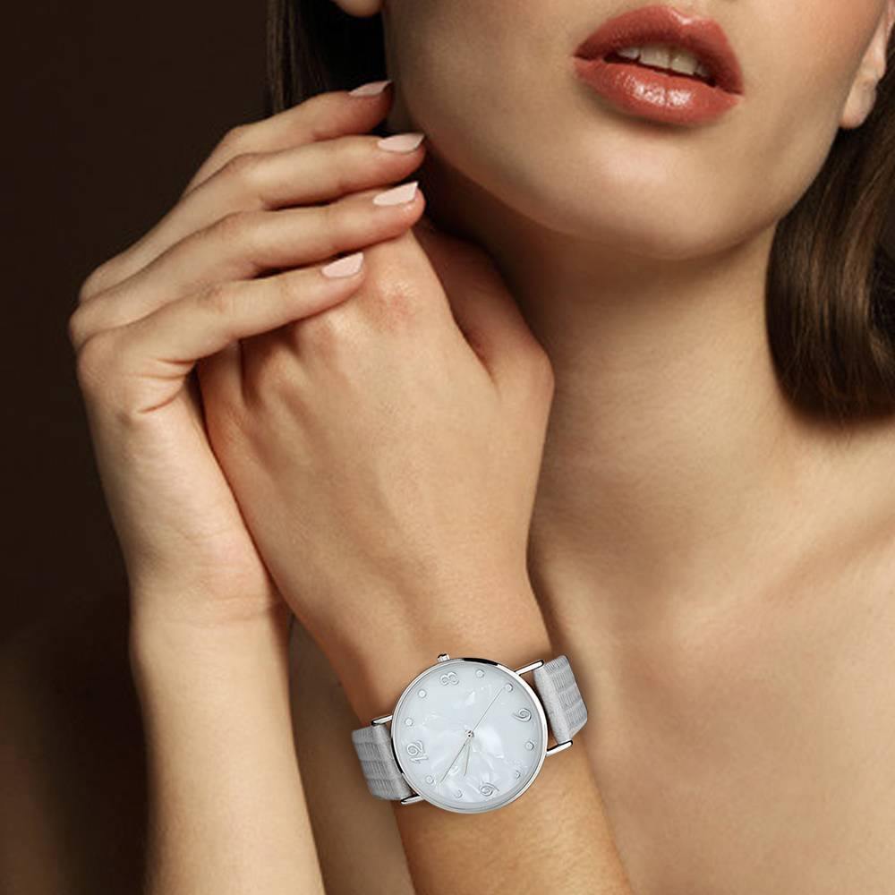 Casual Marble Dial Watch Grey Leather Strap - Women's - soufeelus